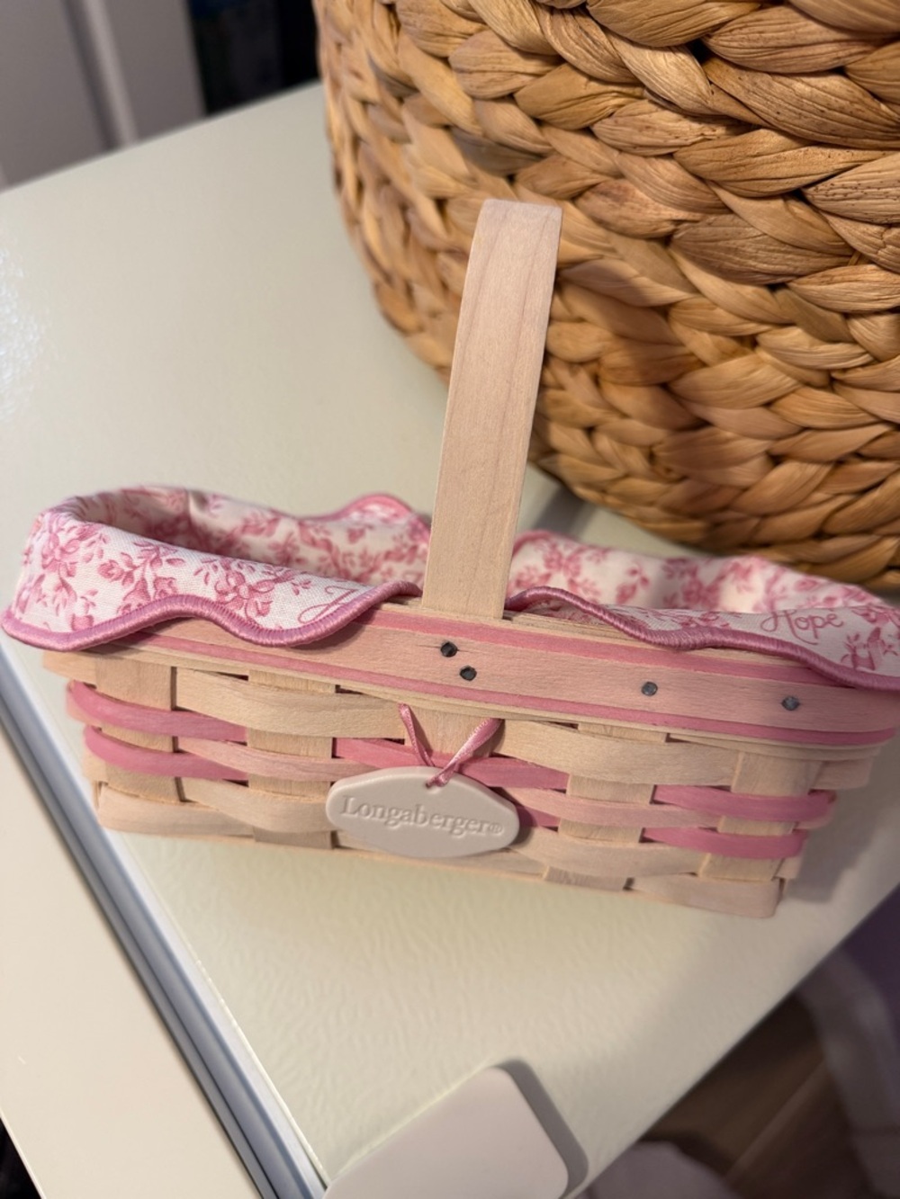 Longaberger Pink-Trim Small Woven Basket with Floral Liner